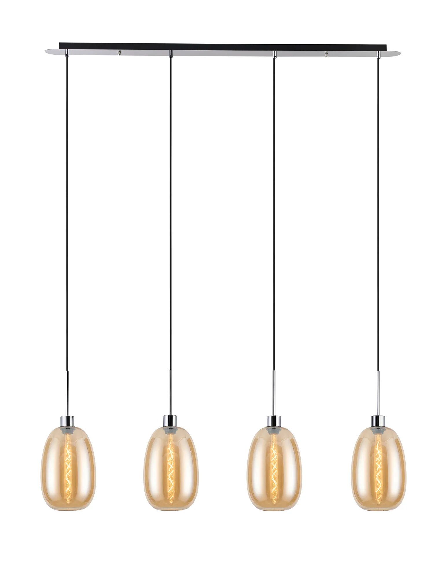 DK1315  Lori Linear Pendant, 4 Light Adjustable E27, Polished Chrome/Amber Slim Curved Trapezium Shades